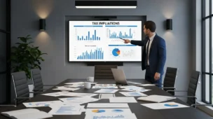 Sala de reuniões com gráficos financeiros e profissional analisando antecipação tributária IBS CBS