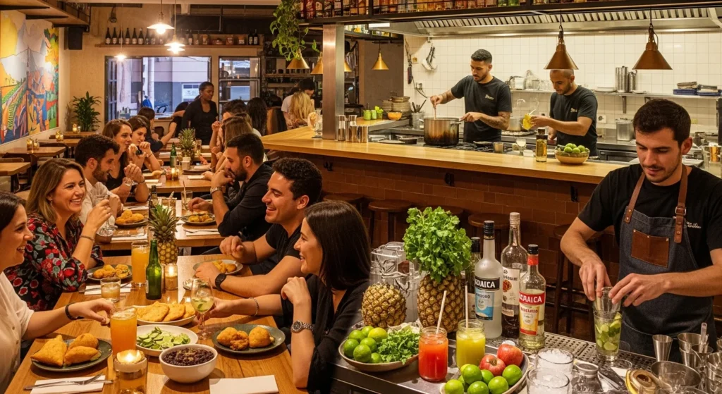 Reforma Tributária Bares e Restaurantes: Alíquota Reduzida de IBS/CBS – Guia Completo para Você Não Perder Dinheiro! 1 Imagem de um bar movimentado com funcionários e clientes, destacando o setor de bares e restaurantes na reforma tributária