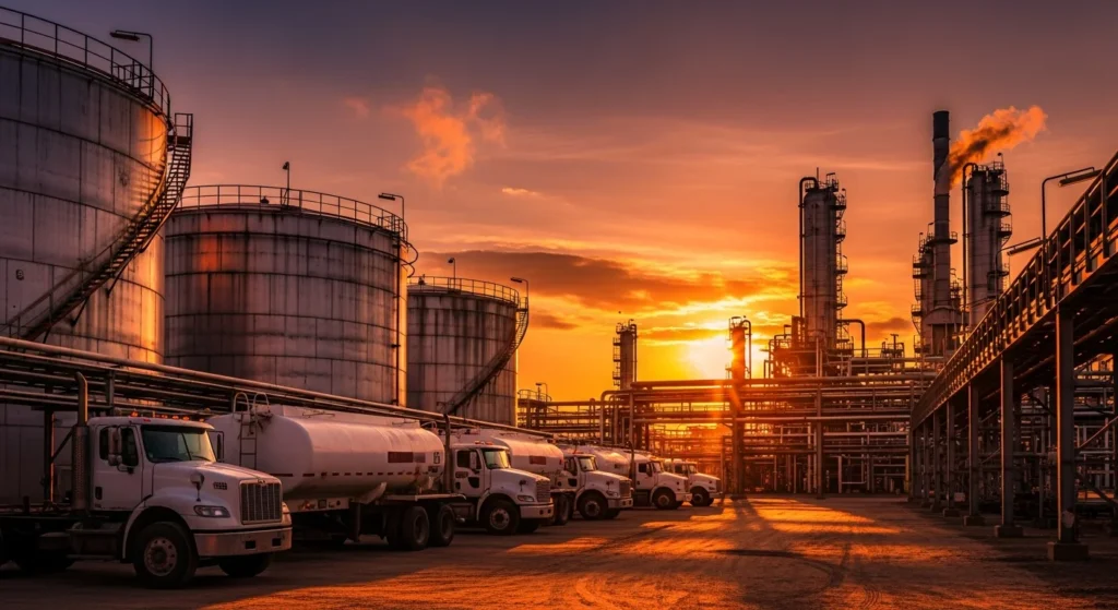 Refinaria de combustíveis ao pôr do sol, com tanques e caminhões, ilustrando regime monofásico combustíveis entenda