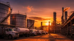 Refinaria de combustíveis ao pôr do sol, com tanques e caminhões, ilustrando regime monofásico combustíveis entenda