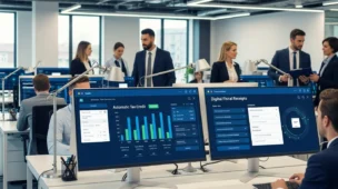 Profissionais de contabilidade e advogados ao lado de monitores com gráficos de créditos automáticos, simbolizando fim escrituração manual apuração