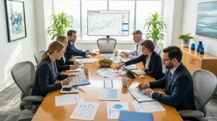 Profissionais em uma sala de reunião analisando documentos sobre reforma tributária descontos incondicionais