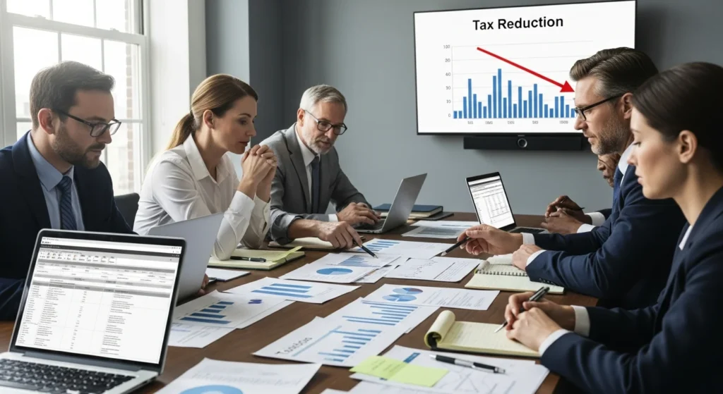 Reforma Tributária: A Armadilha dos Créditos de Estoque para Empresas do Simples Nacional na Migração para IBS e CBS! 1 Reforma tributária descontos incondicionais: Empresários analisando gráficos financeiros na sala de reunião