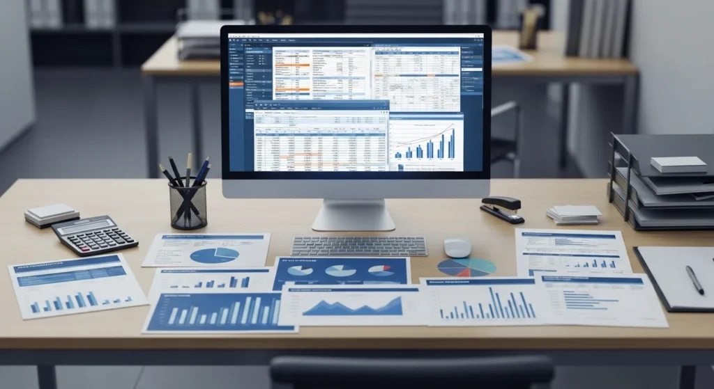 IBS e CBS: O pagamento futuro que pode destruir seu fluxo de caixa! Entenda a antecipação de impostos e proteja sua empresa. 1 Imagem horizontal de escritório com documentos, gráficos e tela de computador sobre IBS CBS entenda como