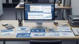 Imagem horizontal de escritório com documentos, gráficos e tela de computador sobre IBS CBS entenda como