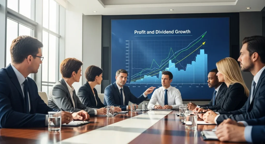 Lucros e Dividendos 2026: Tudo Sobre as Novas Regras da Lei 15.270/2025 e Como Evitar Surpresas com o IRRF. 1 Reunião de executivos discutindo lucros e dividendos 2026 com gráficos e tela ao fundo