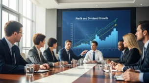Reunião de executivos discutindo lucros e dividendos 2026 com gráficos e tela ao fundo