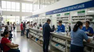 Farmácia pública com pessoas acessando medicamentos alíquota zero de IBS, transmitindo esperança e mobilidade social