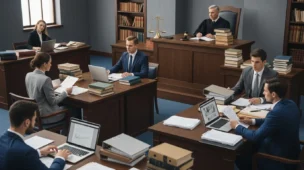 Imagem de tribunal com advogados, juiz, livros, computadores e documentos, simbolizando imunidade tributária books guia