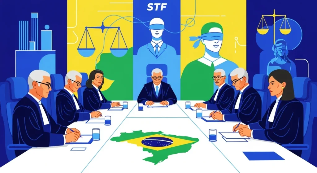 STF Bate o Martelo: Maioria Histórica Rejeita o Marco Temporal das Terras Indígenas e Reafirma Direitos Originários no Brasil! 1 Ministros do STF em julgamento, simbolizando a maioria histórica contra o marco temporal das terras indígenas
