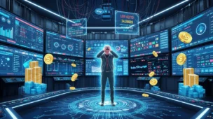 Imagem de uma sala de jogos virtual com telas de apostas, moedas digitais e avatar angustiado, destacando bets mário heringer defende medidas sociais