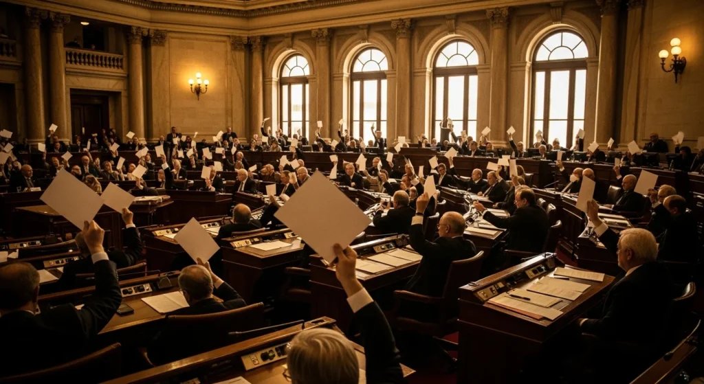 Senado aprova pacote fiscal de R$ 23 bilhões: corte de benefícios e nova tributação para bets, fintechs e JCP. Prepare-se para as mudanças! 1 Imagem do Senado aprovando corte de 10%, senators votando com mãos levantadas em ambiente aquecido