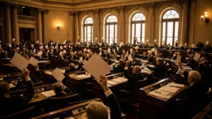 Imagem do Senado aprovando corte de 10%, senators votando com mãos levantadas em ambiente aquecido