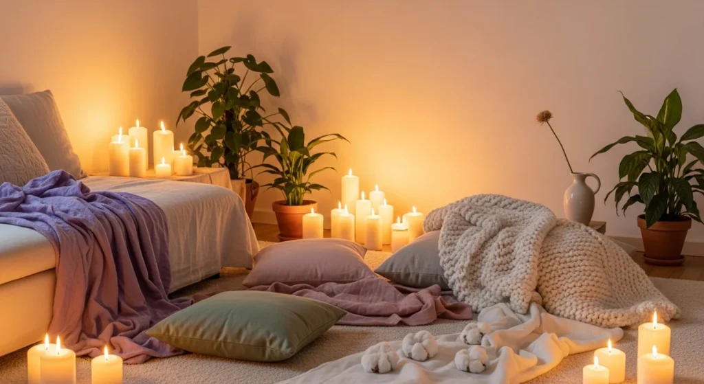 Soft Witch: Transforme sua Casa em um Refúgio de Paz e Aconchego. Descubra como essa estética pode nutrir sua alma e trazer bem-estar. 1 Ambiente aconchegante com luz dourada, velas e plantas, refletindo a tendência soft witch descobrir a tendência