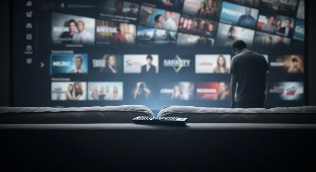 Cansaço de Streaming: Por Que o Público Parou de Maratonar Séries e As Plataformas Ainda Ignoram a Mudança de Hábito no Consumo? 1 Cena horizontal mostrando sofá vazio, controle desligado, telas de streaming dispersas e pessoa cansada ao fundo, simbolizando o fim maratona séries que o público abandonou.