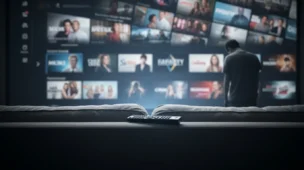 Cena horizontal mostrando sofá vazio, controle desligado, telas de streaming dispersas e pessoa cansada ao fundo, simbolizando o fim maratona séries que o público abandonou.