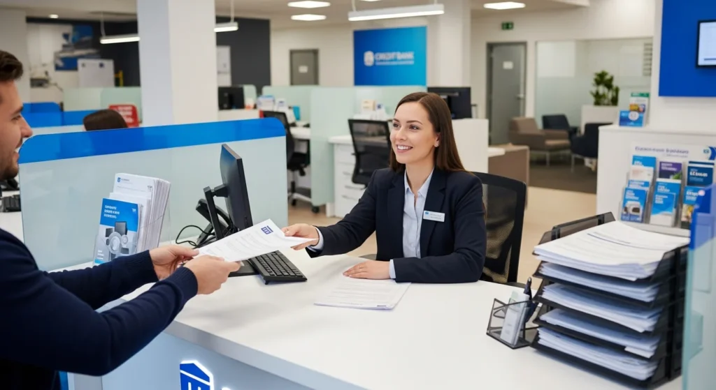DECORE: O Guia Completo Para Comprovar Sua Renda e Conseguir Crédito no Brasil 1 Imagem de agência bancária moderna com pessoa entregando documentos a profissional de crédito, transmitindo confiabilidade e seriedade, com destaque em elementos bancários e papéis.
