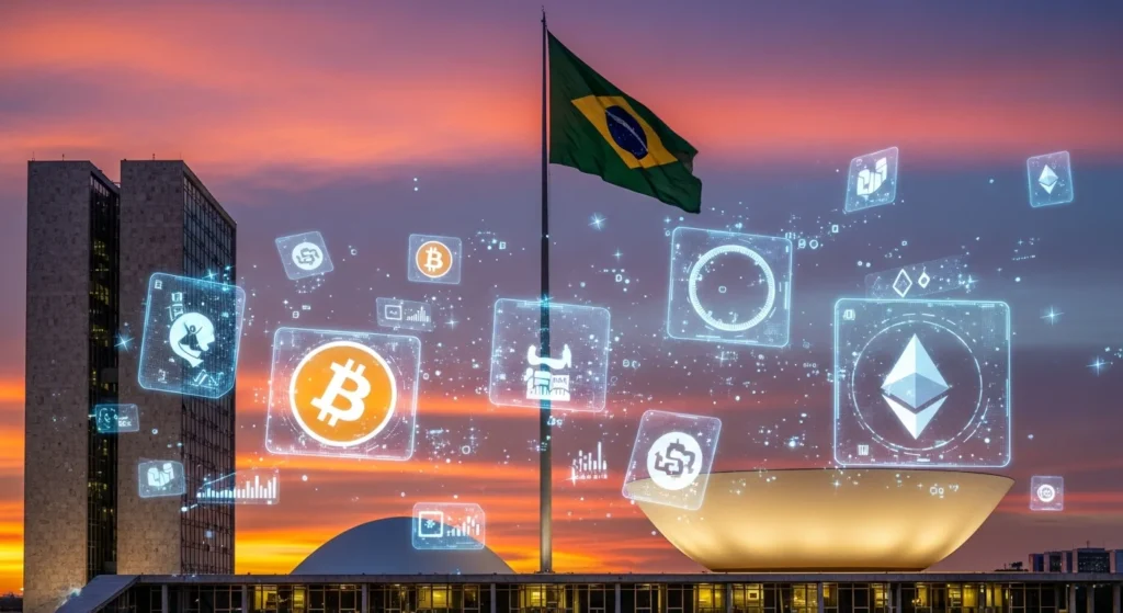 Haddad mira criptoativos: como a regulamentação pode gerar bilhões para o governo federal e impactar seu bolso em 2026. 1 Imagem de um prédio governamental em Brasília ao pôr do sol com hologramas de criptomoedas e a palavra-chave em destaque