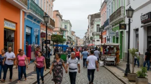 Imagem horizontal de 1536x1024 mostrando uma rua movimentada de uma das 50 cidades brasileiras mais, com cores vibrantes, pessoas, lojas e elementos urbanos tradicionais.