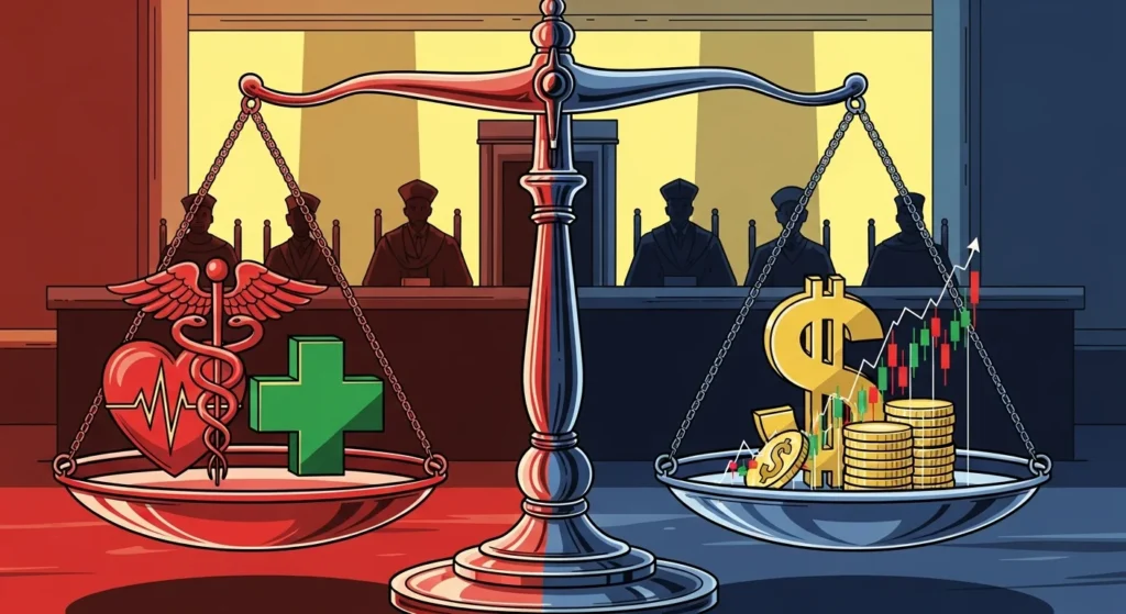 Ilustração de balança de justiça equilibrando saúde e finanças, fundo com corte e ministros em silhueta, cores vibrantes, refletindo o futuro incerto da decisão do STF.