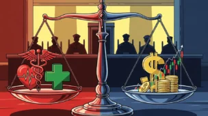 Ilustração de balança de justiça equilibrando saúde e finanças, fundo com corte e ministros em silhueta, cores vibrantes, refletindo o futuro incerto da decisão do STF.