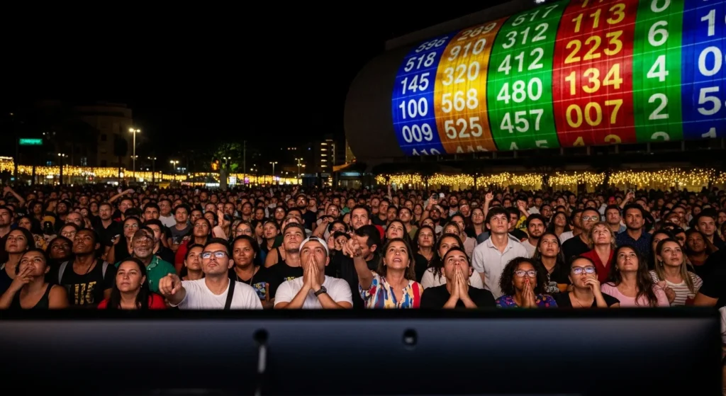 Mega da Virada 2024: Desvende o Mistério do Prêmio de R$ 1 Bilhão e Entenda Por Que Ninguém Nunca Conquistou a Bolada Sozinho! 1 Cena de uma multidão assistindo à TV gigante na praça durante a Mega virada 2024 prêmio, com projeções dos números de loteria ao fundo