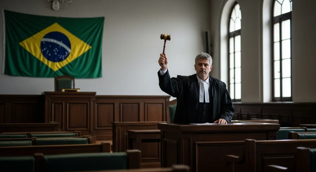 Justiça da Bahia suspende imposto sobre lucros de 2025: Entenda como a liminar da Lei 15.270/2025 impacta sua empresa agora! 1 Imagem de uma sala de tribunal com juiz em destaque ao centro, bandeira brasileira ao fundo, simbolizando justiça na Bahia suspende cobrança