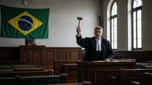Imagem de uma sala de tribunal com juiz em destaque ao centro, bandeira brasileira ao fundo, simbolizando justiça na Bahia suspende cobrança