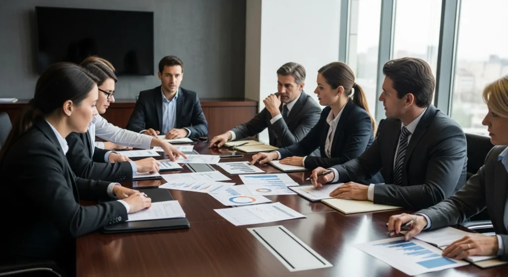 Cena de reunião moderna com sócios discutindo balanços e documentos econômicos, sob luz natural, foco em expressão séria, rascunho automático.