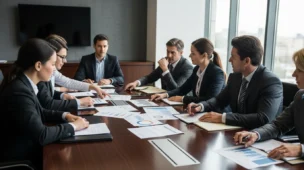 Cena de reunião moderna com sócios discutindo balanços e documentos econômicos, sob luz natural, foco em expressão séria, rascunho automático.