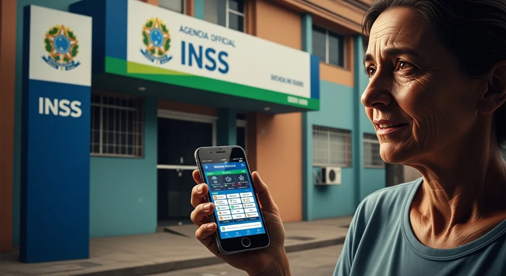 STF Suspende Bloqueio de Contas de Bets para Beneficiários do Bolsa Família: O Que Muda e Como Fica o Acesso às Apostas Online 1 Imagem de beneficiário do Bolsa Família com smartphone de apostas, agência do INSS ao fundo, cores em azul, verde e bege