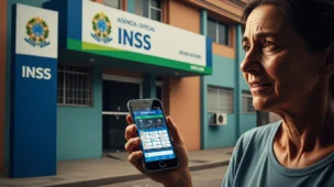 Imagem de beneficiário do Bolsa Família com smartphone de apostas, agência do INSS ao fundo, cores em azul, verde e bege