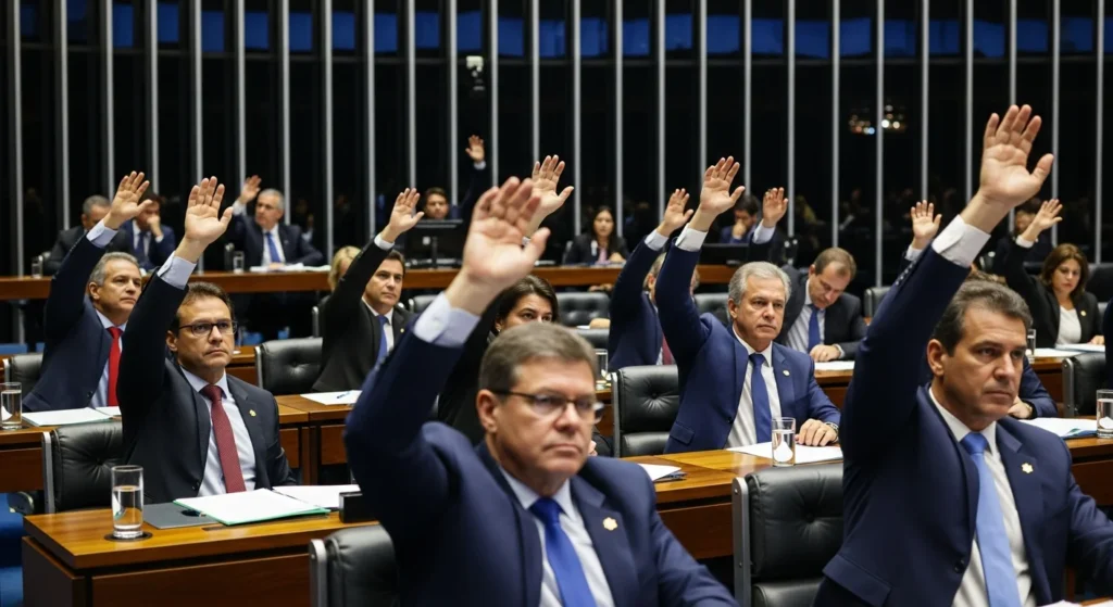 Cena de plenário do Congresso com deputados votando, destacando mãos levantadas e expressão séria, falando sobre regulamentação reforma tributária PLP