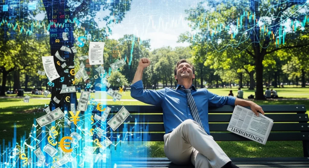 Reforma Tributária: Saiba quando seus rendimentos financeiros (PF e PJ) escapam do IBS e CBS! Entenda as regras e evite surpresas. 1 Investidor comemorando em parque com gráficos financeiros, dinheiro e ações ao redor na reforma tributária