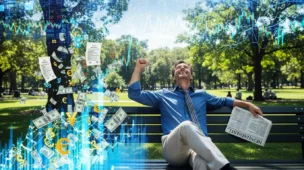 Investidor comemorando em parque com gráficos financeiros, dinheiro e ações ao redor na reforma tributária