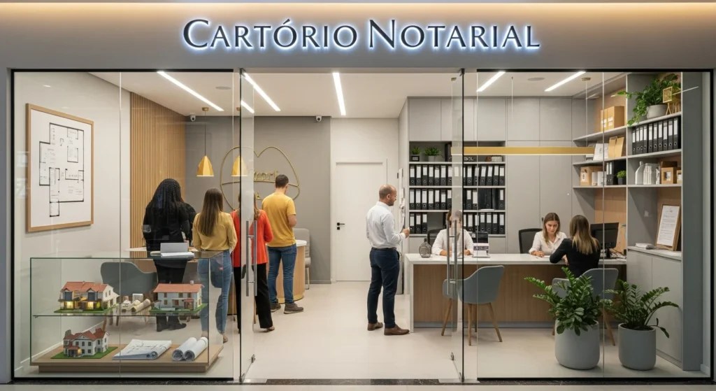 O Dilema Tributário dos Cartórios: Como o Local da Operação Define o Valor do IBS e CBS em Serviços Notariais e Registrais no Brasil? 1 Imagem de um cartório moderno com pessoas aguardando, representando serviços notariais e registrais relativos a imóveis