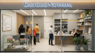 Imagem de um cartório moderno com pessoas aguardando, representando serviços notariais e registrais relativos a imóveis