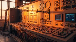 Imagem de painel de controle de usina de energia ao pôr do sol, com cabos e máquinas em operação, destacando reforma tributária polêmica ibs