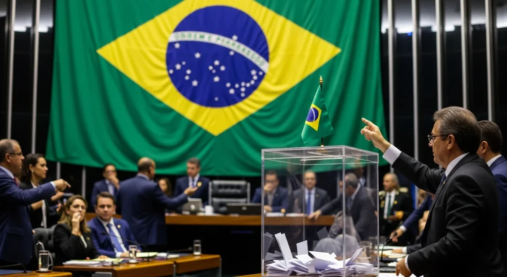 Cena de votação no Congresso com deputados, urna, bandeira brasileira e expressão de decisão, destacando o 'plp 108 congresso aprova'.