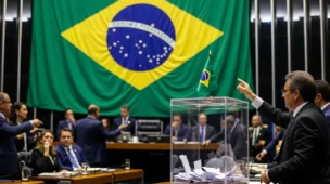 Cena de votação no Congresso com deputados, urna, bandeira brasileira e expressão de decisão, destacando o 'plp 108 congresso aprova'.