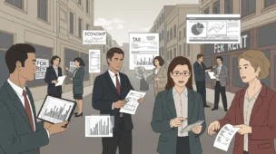 Imagem montrando discussão sobre reforma tributária que muda, com imóveis, documentos e gráficos na rua urbana