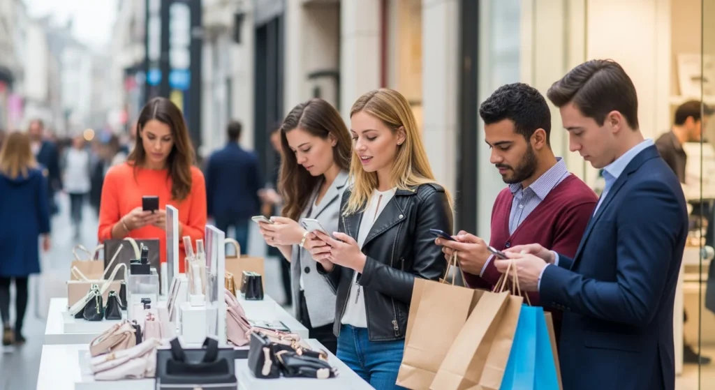 O Segredo por Trás do Desejo de Compra dos Brasileiros: Como o Consumo Híbrido e a Viralização Digital Redefinem o Mercado Nacional! 1 Cena de consumidores interagindo em lojas físicas e usando dispositivos móveis, refletindo tendências consumo híbrido como