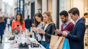 Cena de consumidores interagindo em lojas físicas e usando dispositivos móveis, refletindo tendências consumo híbrido como