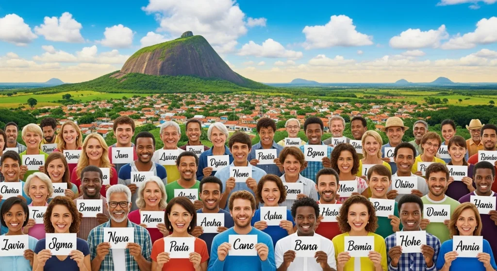 Desvendamos a lista inédita dos 26 nomes mais raros do Brasil, revelada pelo Censo 2022 do IBGE: Prepare-se para conhecer prenomes únicos de A a Z! 1 Cena com pessoas de várias idades e etnias segurando cartões com nomes raros do Brasil, refletindo diversidade e identidade brasileira.