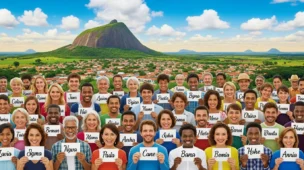 Cena com pessoas de várias idades e etnias segurando cartões com nomes raros do Brasil, refletindo diversidade e identidade brasileira.