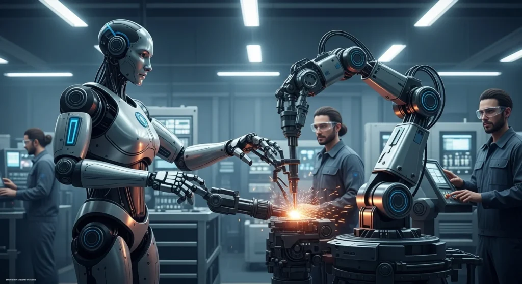Imagem de rascunho mostrando um robô humanoide em um ambiente industrial, coexistindo com operários humanos.