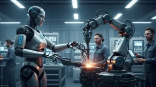 Imagem de rascunho mostrando um robô humanoide em um ambiente industrial, coexistindo com operários humanos.