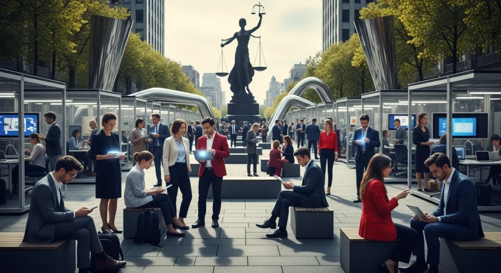 Imagem de uma praça urbana com trabalhadores, plataformas digitais, balanças da justiça, simbolizando trabalho transformação 2025 STF