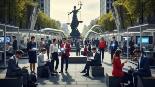 Imagem de uma praça urbana com trabalhadores, plataformas digitais, balanças da justiça, simbolizando trabalho transformação 2025 STF