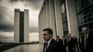 Fachada do STF com ministros saindo, imagem sombria em tons sépia e cinza, revelando limites internos e conduta política.